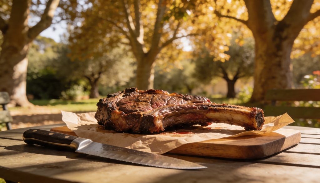 Côte de bœuf grillée au repos sous papier boucher, secret de tendreté de la Boucherie Roumieu Aix-en-Provence.