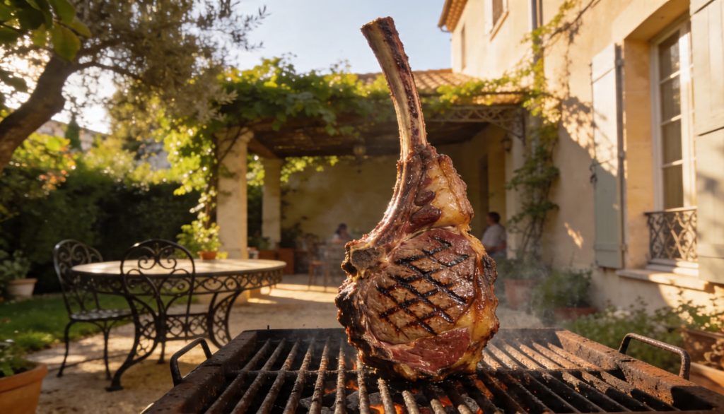 Côte de bœuf maturée Roumieu en cuisson lente au barbecue charbon dans un jardin du quartier de la Torse à Aix-en-Provence.