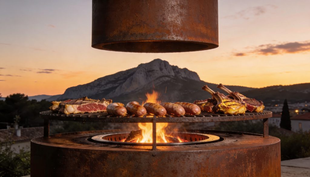 Soirée braséro avec grillades d'agneau de Provence et saucisses de la boucherie Roumieu, quartier des Pinchinats à Aix-en-Provence.