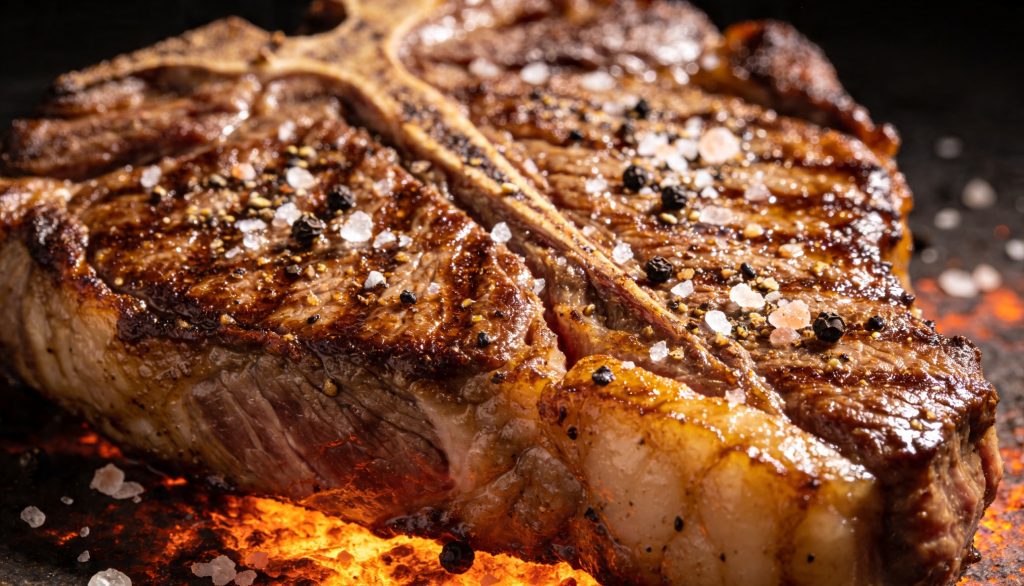 Gros plan sur la caramélisation parfaite (réaction de Maillard) d'une entrecôte maturée de la Boucherie Roumieu à Aix.