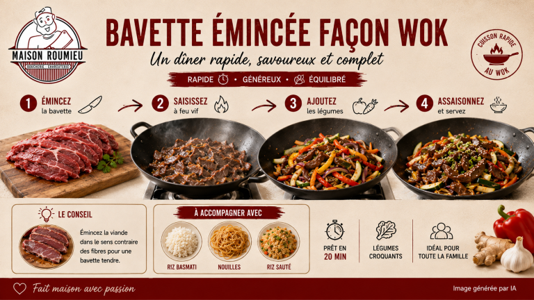 Bavette émincée façon wok avec légumes, riz ou nouilles – recette rapide Maison Roumieu à Aix-en-Provence