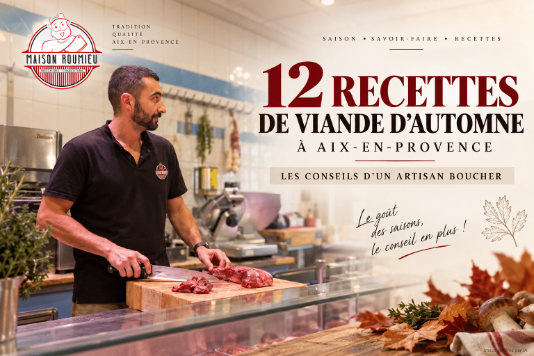 Maison Roumieu à Aix-en-Provence, artisan boucher préparant de la viande pour 12 recettes d’automne – Image IA