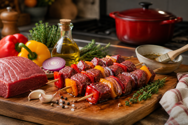 Brochettes de bœuf marinées au thym et poivrons grillés sur une planche de cuisine à Aix-en-Provence