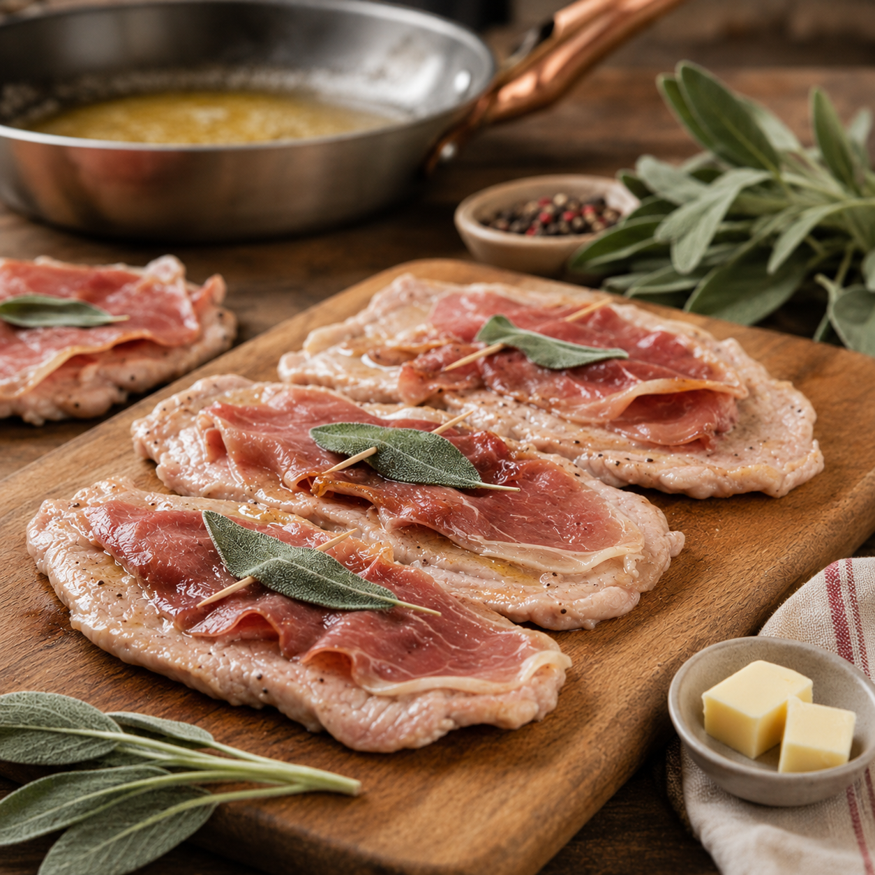Escalopes de veau saltimbocca au jambon et à la sauge fraîche sur une planche de cuisine à Aix-en-Provence