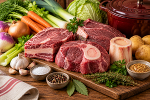 Morceaux de bœuf, os à moelle, carottes, poireaux, navets et chou pour un pot-au-feu – Boucherie Roumieu à Aix-en-Provence