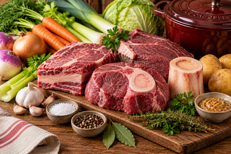 Morceaux de bœuf, os à moelle, carottes, poireaux, navets et chou pour un pot-au-feu – Boucherie Roumieu à Aix-en-Provence