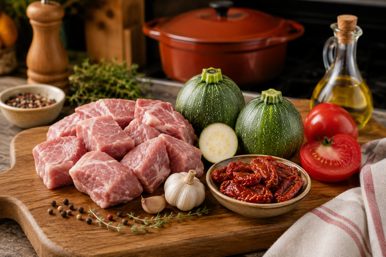 Sauté de porc avec courgettes rondes et tomates confites sur une planche de cuisine à Aix-en-Provence